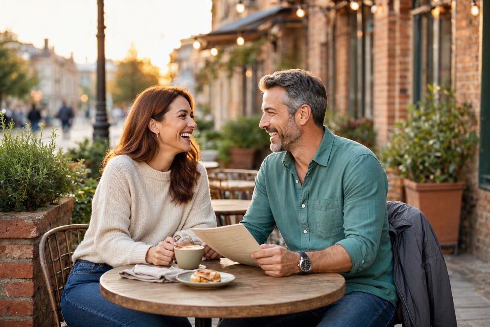 A man and woman in their forties smiling across a sunlit outdoor cafe table with coffee and a pastry
